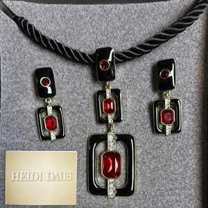Heidi Daus Black and Red Statement Necklace and Clip Earrings